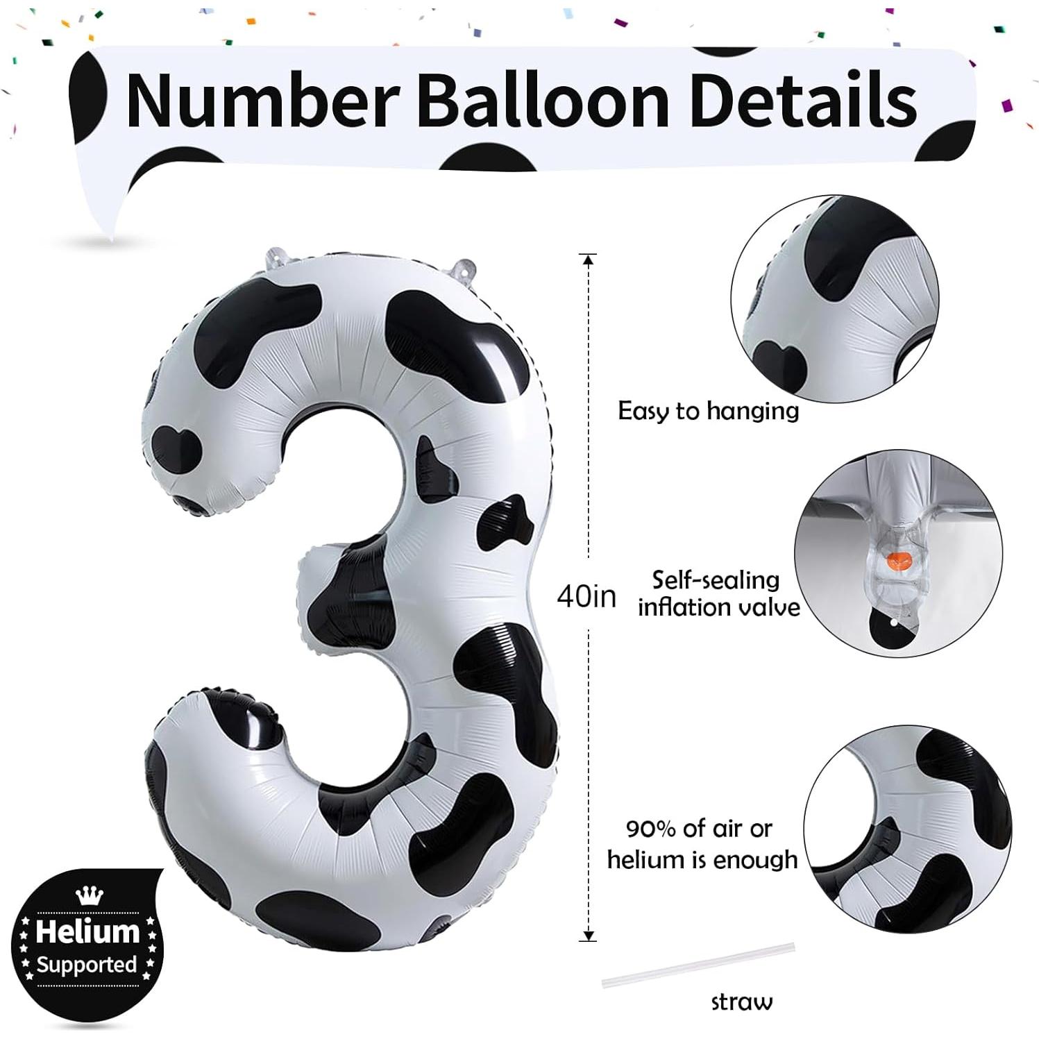 Globo Número 3 Grande 101.6 cm Impresión de Vaca Decoración