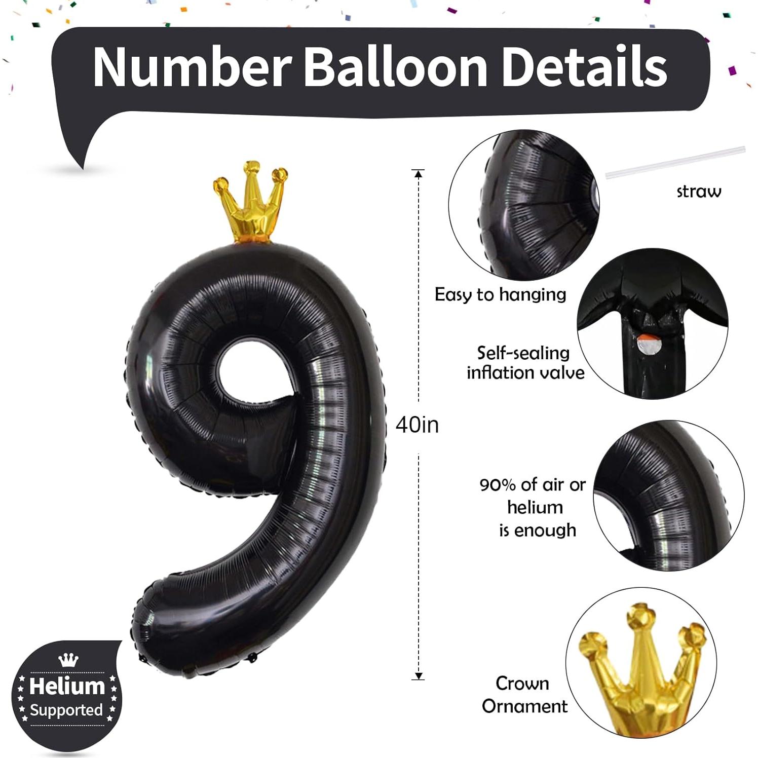 Globo Número 9 Negro de 101,6 cm para Fiestas de Cumpleaños