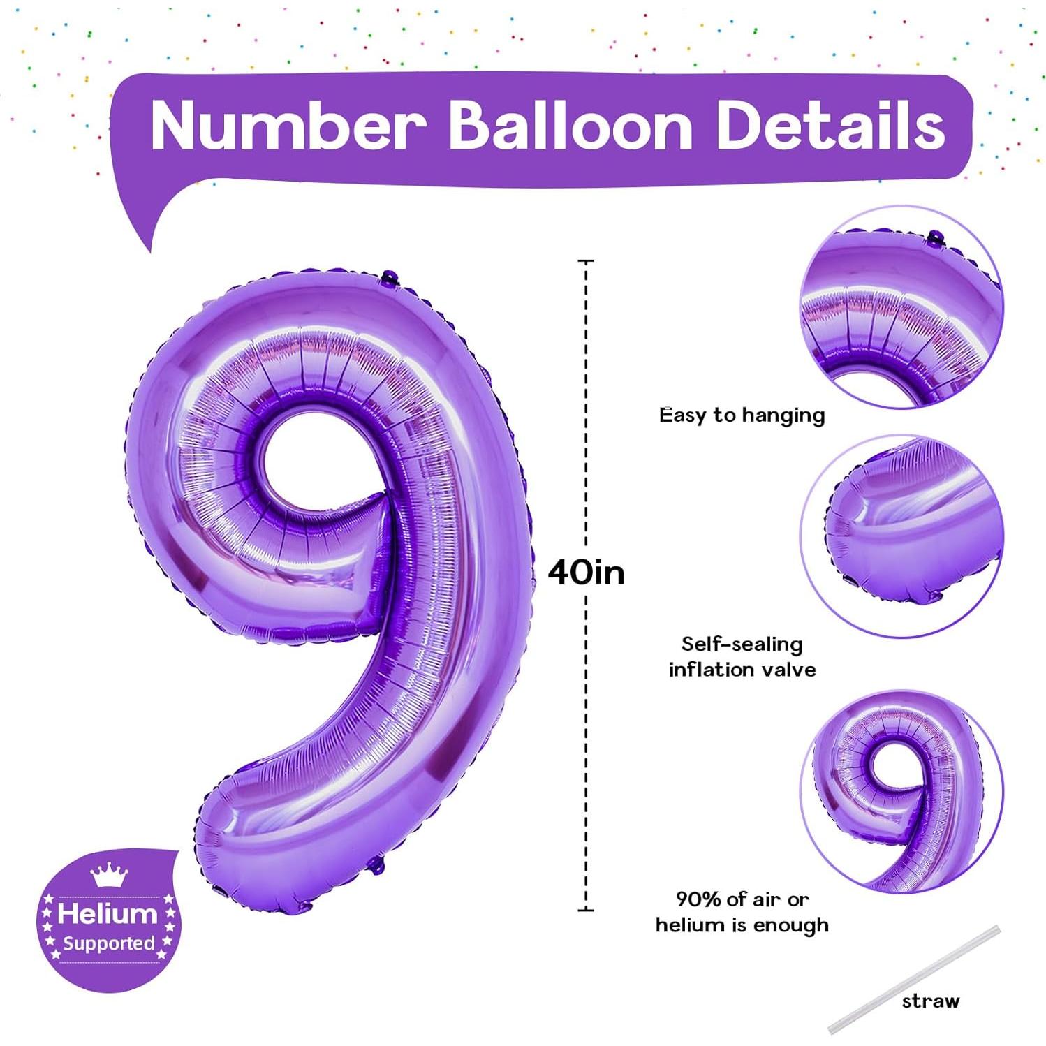 Globo de Número 9 Púrpura 101,6 cm Autoinflable para Fiestas