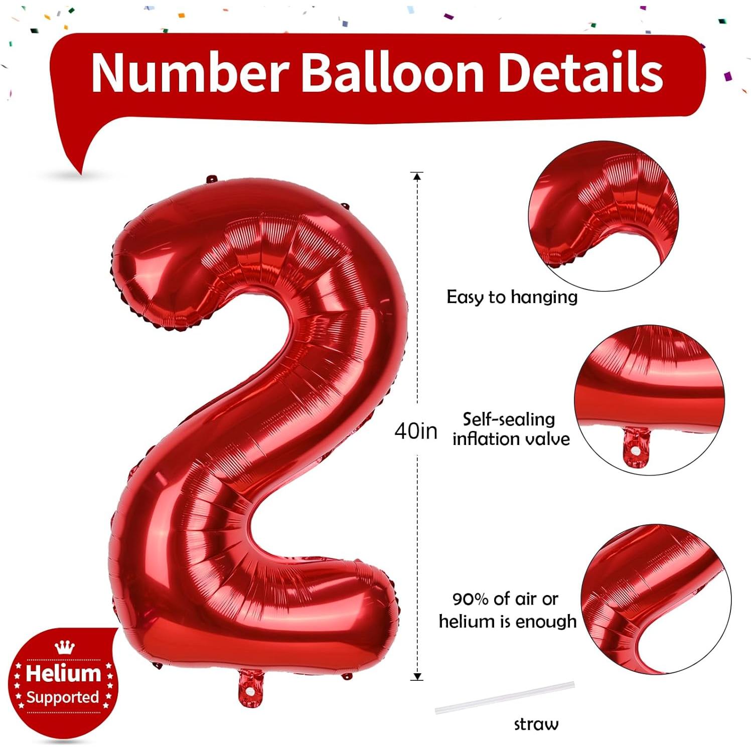 Globo de Número 2 Rojo 101,6 cm para Cumpleaños y Eventos