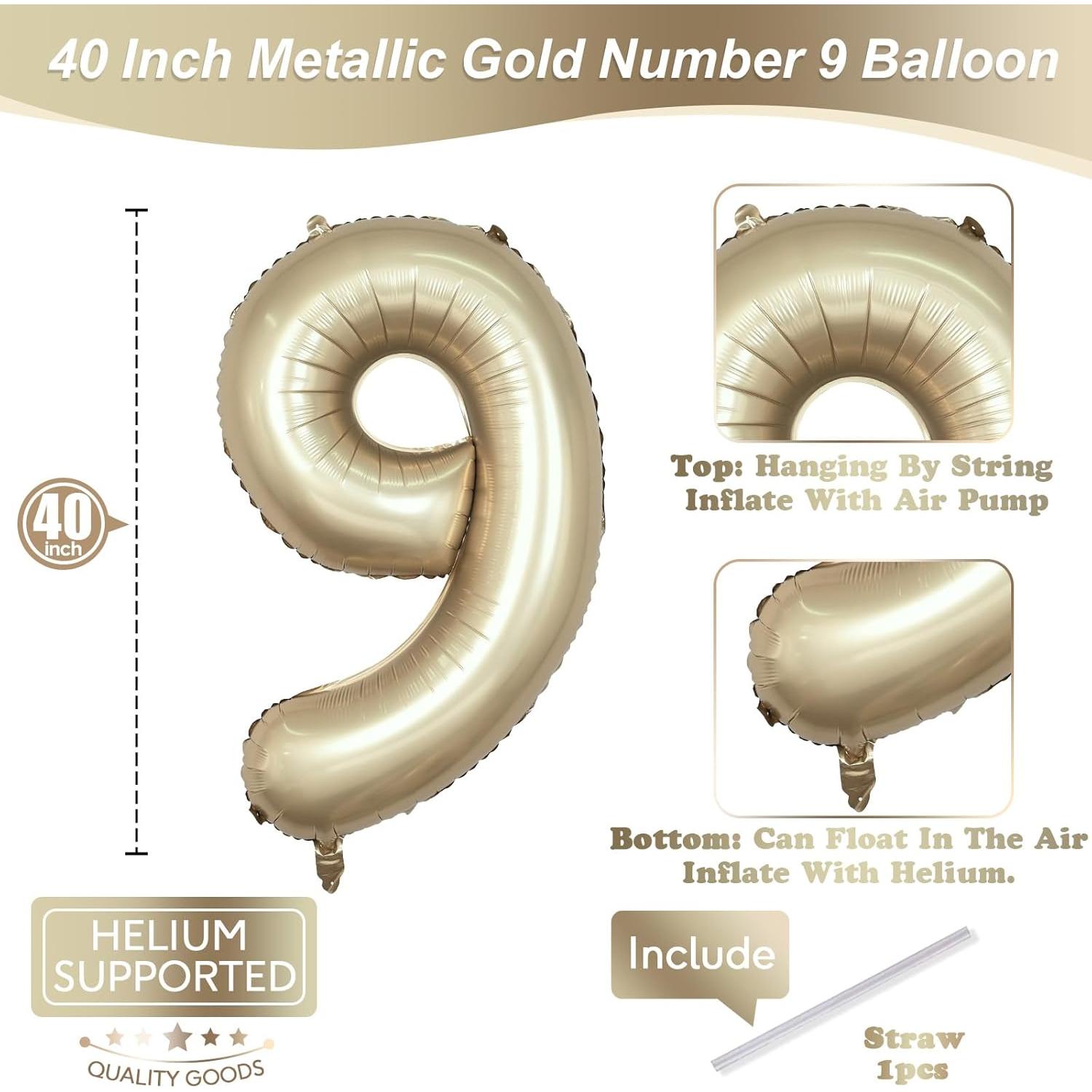 Globo Número 9 Dorado Metálico 101,6 cm para Fiestas