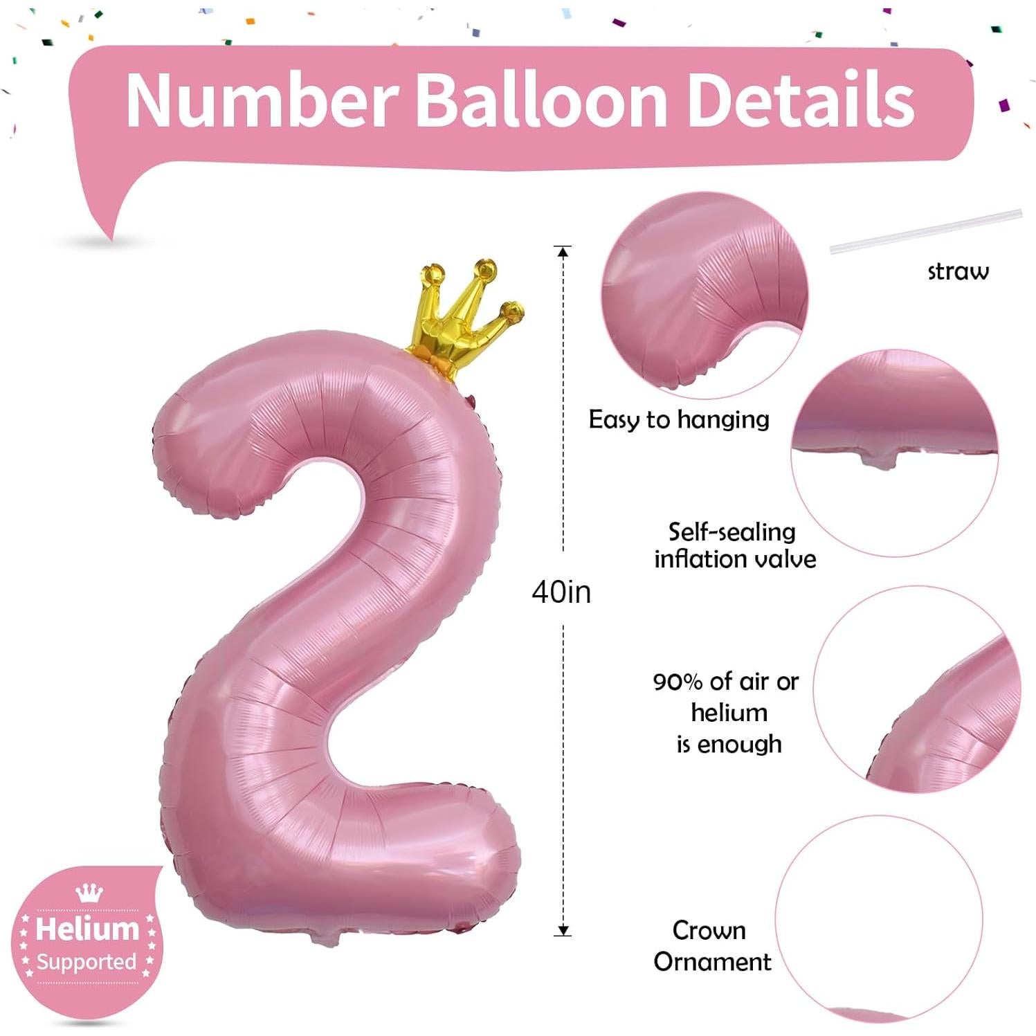 Globo de Número 2 Rosa con Corona 101,6 cm para Cumpleaños