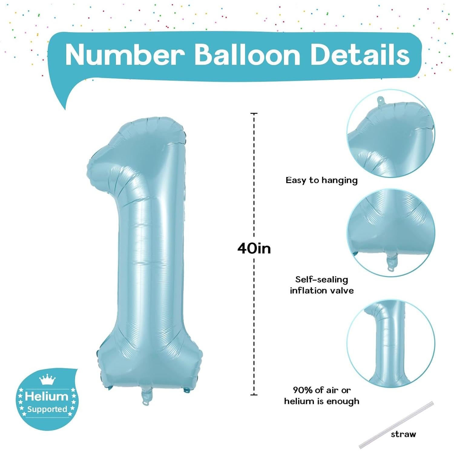 Globo Número 1 Azul Claro 101,6 cm Autoinflable Fiesta