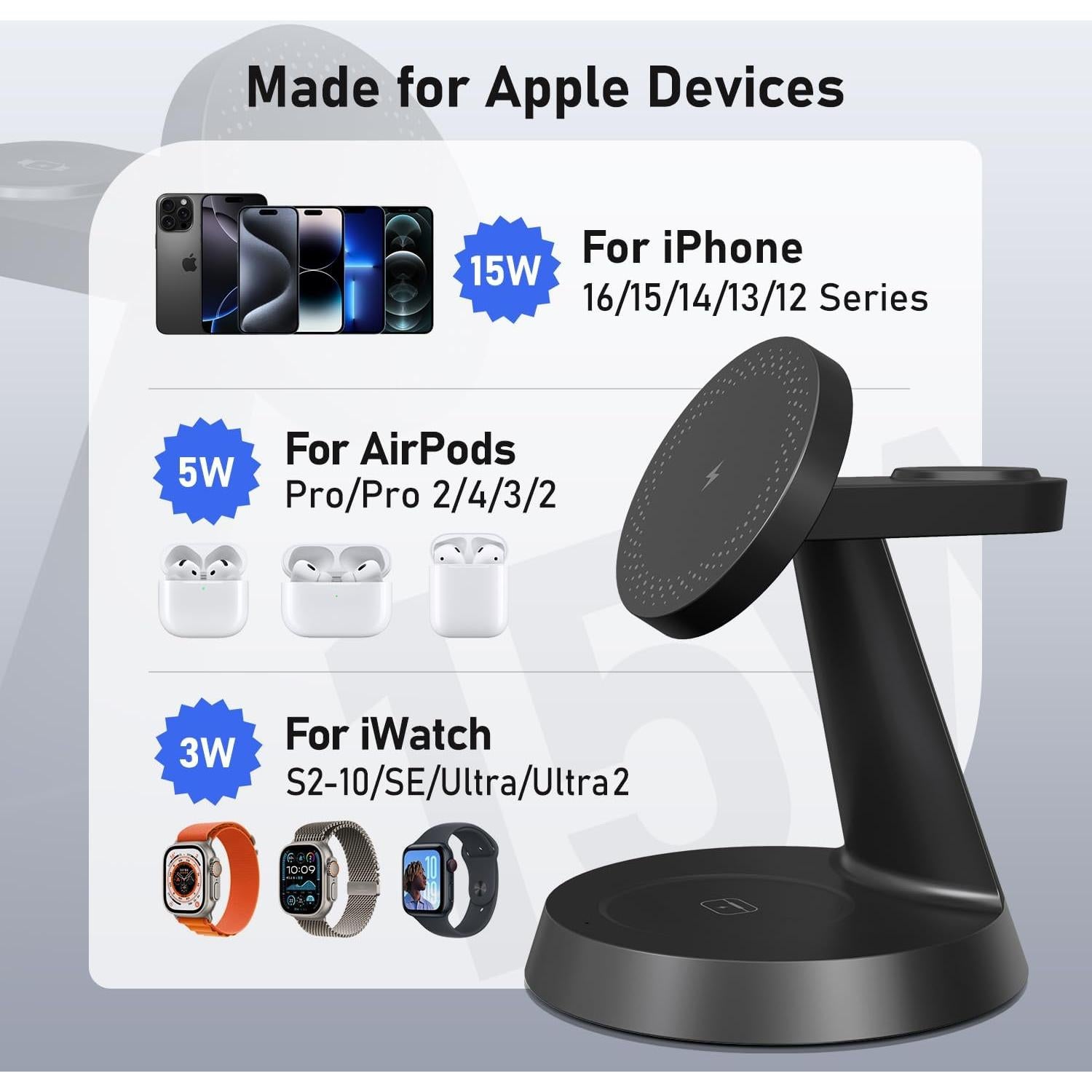 Cargador Inalámbrico 3 en 1 BERXZWE para Apple 15W Negro