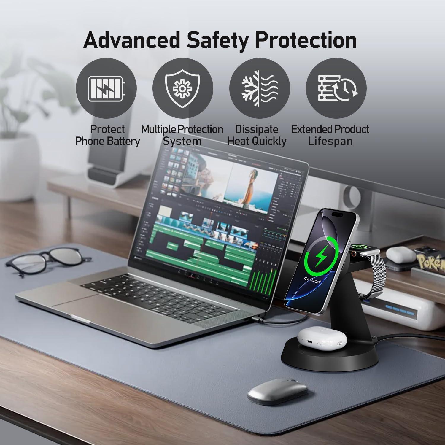 Cargador Inalámbrico 3 en 1 BERXZWE para Apple 15W Negro