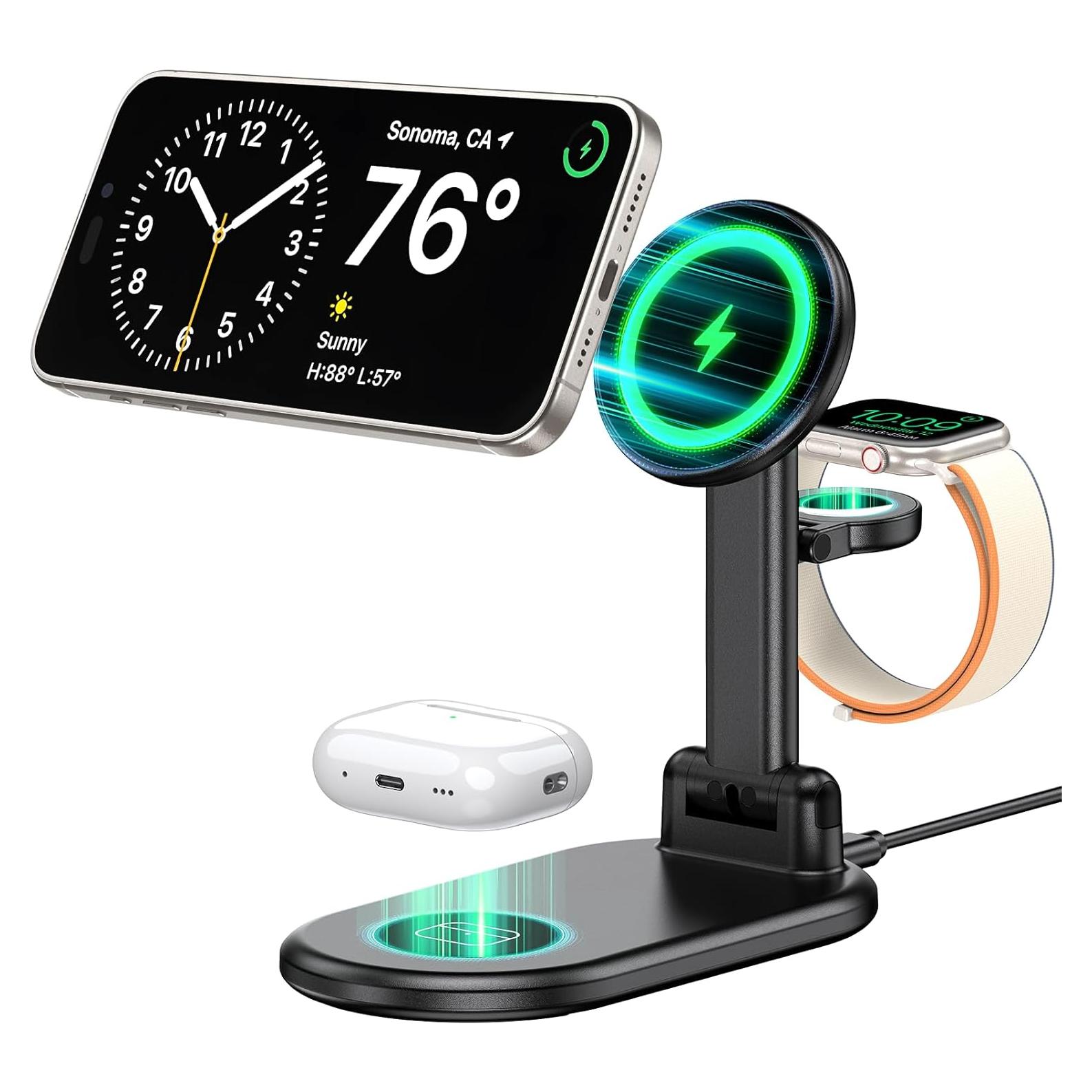 Estación de Carga Inalámbrica Mag-Safe 3 en 1 15W Negro