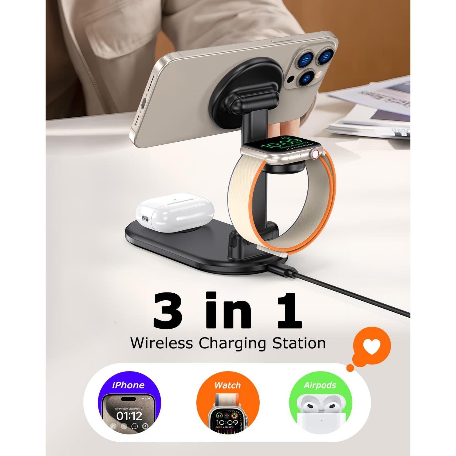 Estación de Carga Inalámbrica Mag-Safe 3 en 1 15W Negro