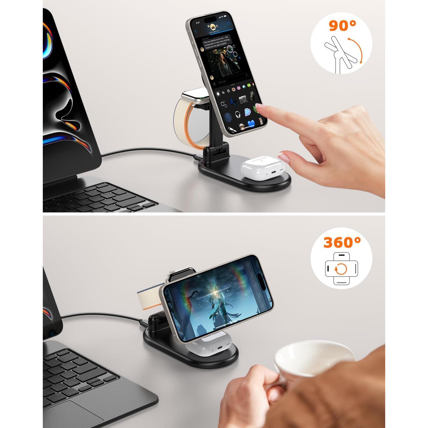 Estación de Carga Inalámbrica Mag-Safe 3 en 1 15W Negro