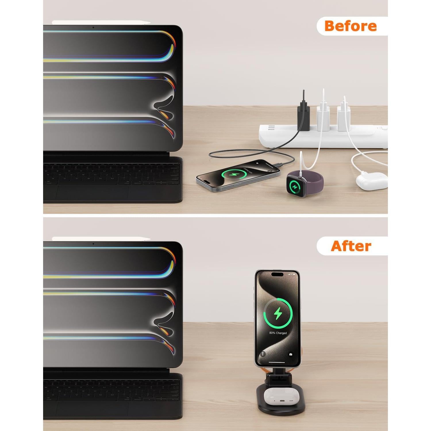 Estación de Carga Inalámbrica Mag-Safe 3 en 1 15W Negro