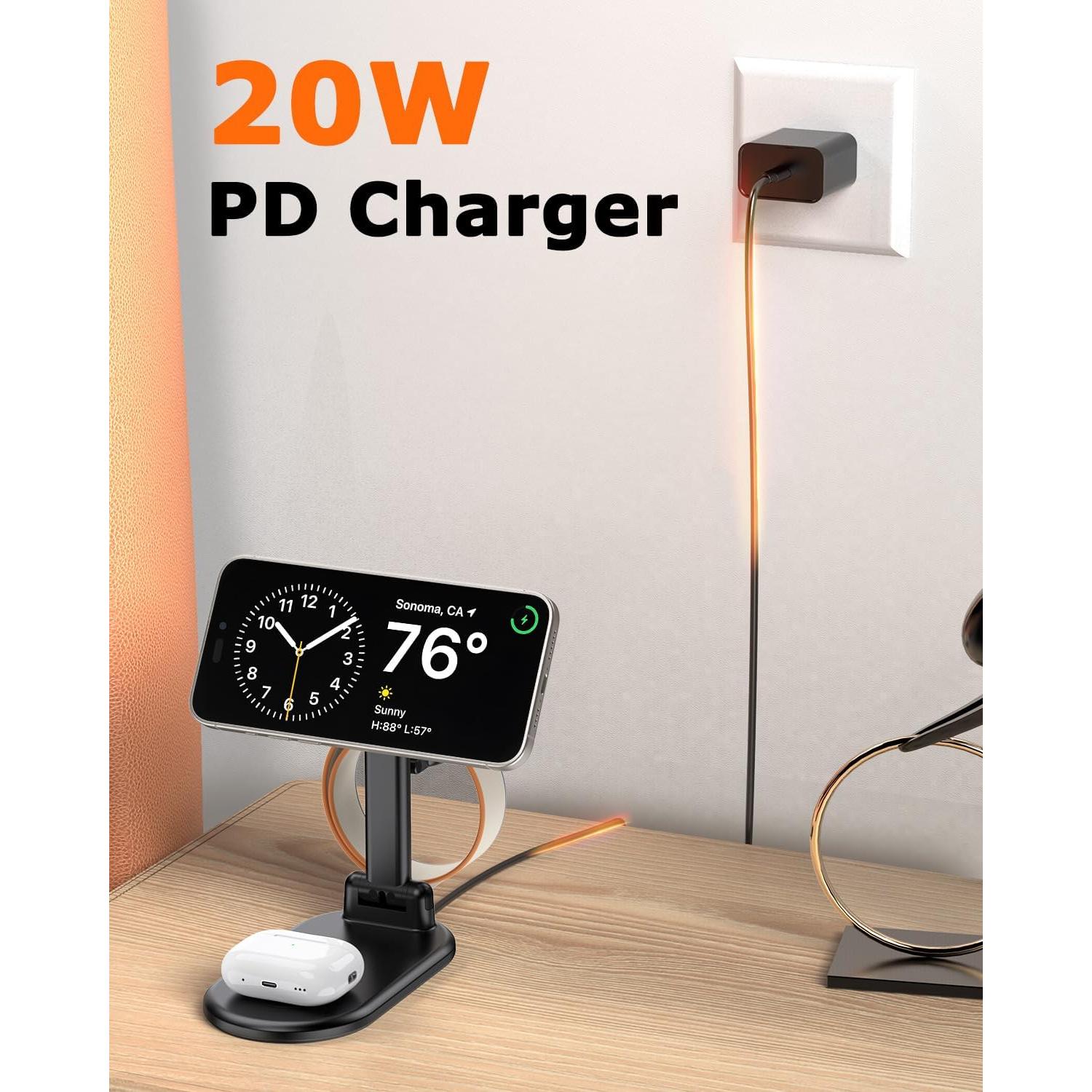 Estación de Carga Inalámbrica Mag-Safe 3 en 1 15W Negro