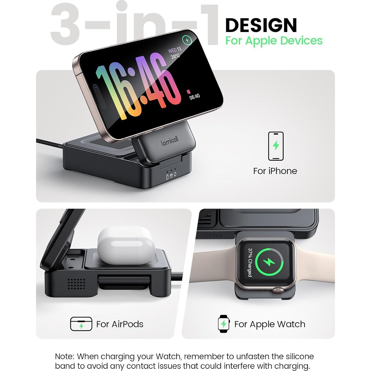 Estación de Carga 3 en 1 Lamicall para Apple - Soporte Plegable