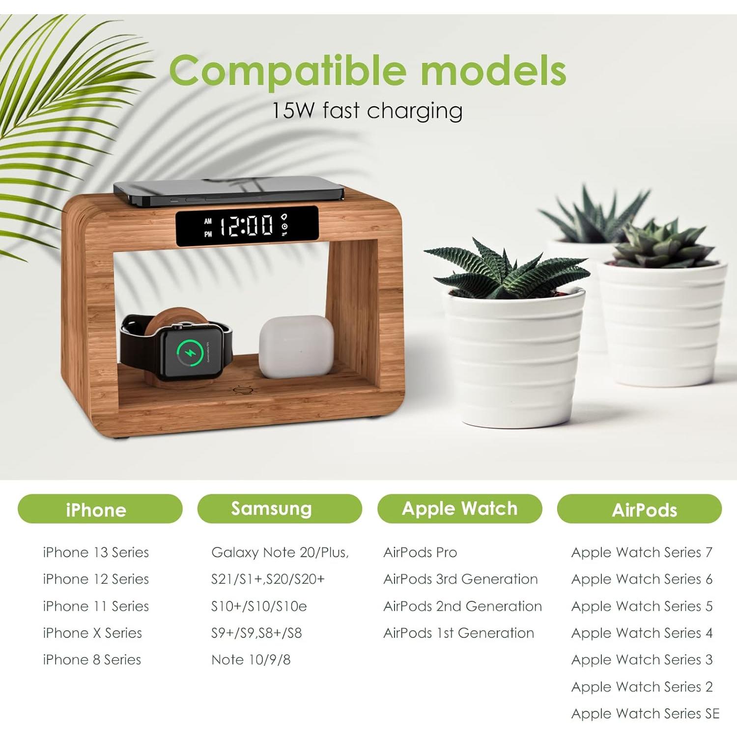 Estación de Carga Inalámbrica Qunfa 3 en 1 con Reloj