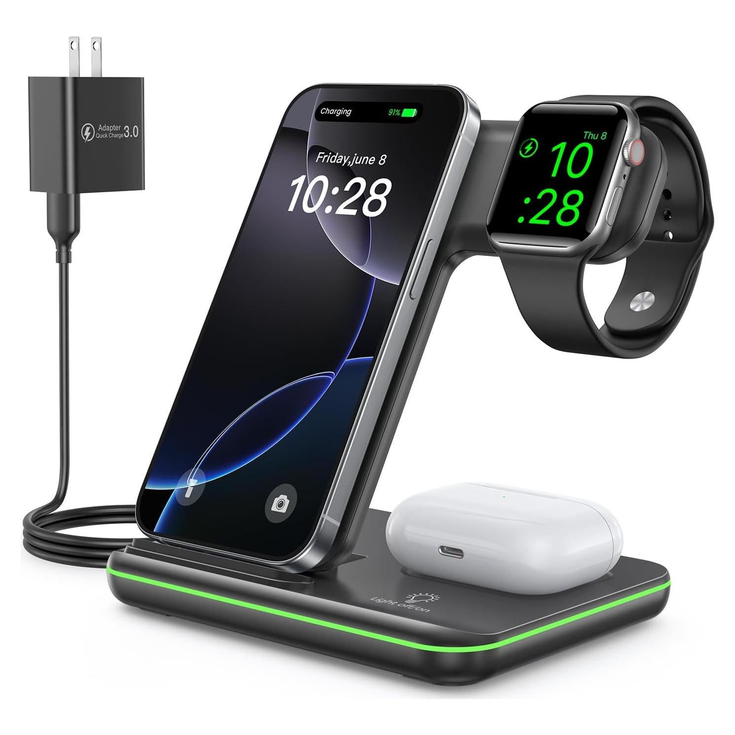 Cargador Inalámbrico WAITIEE 3 en 1 15W para iPhone y Apple Watch