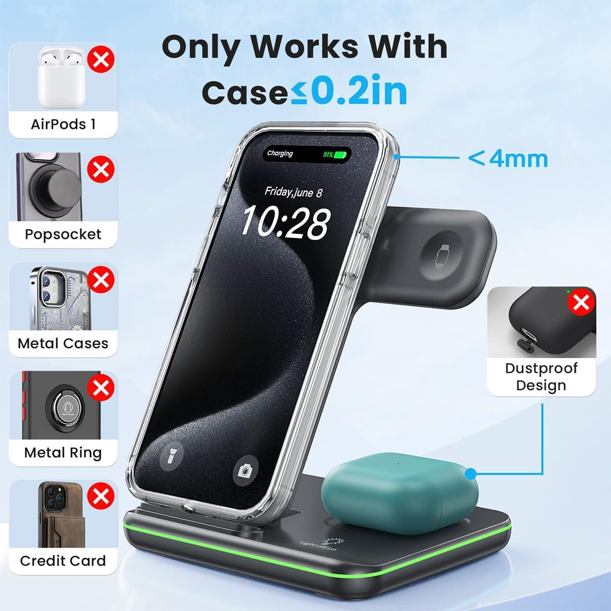 Cargador Inalámbrico WAITIEE 3 en 1 15W para iPhone y Apple Watch