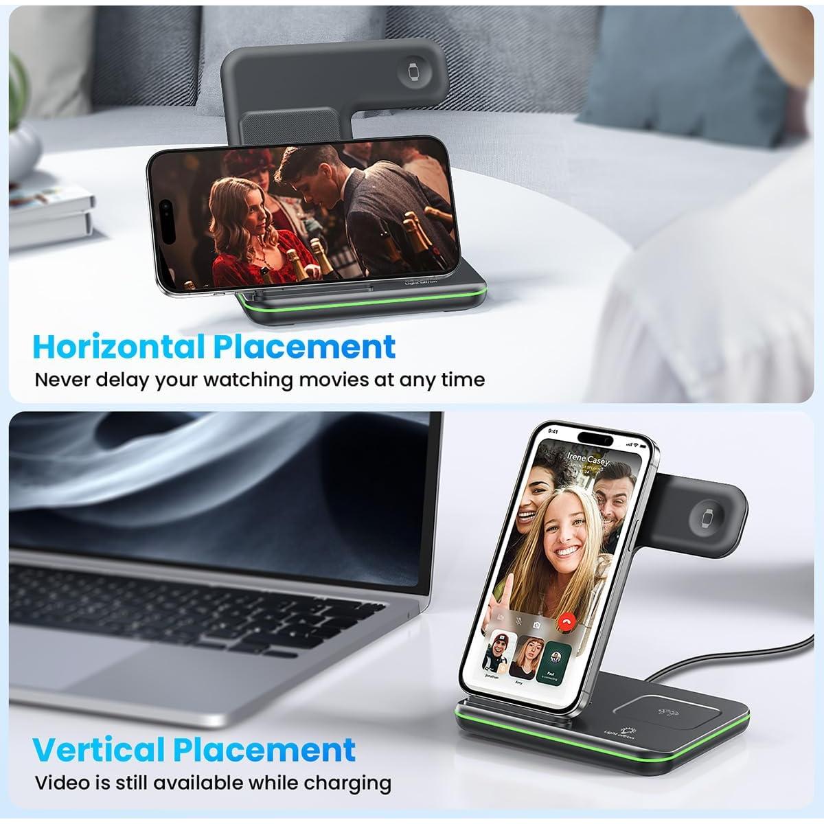 Cargador Inalámbrico WAITIEE 3 en 1 15W para iPhone y Apple Watch