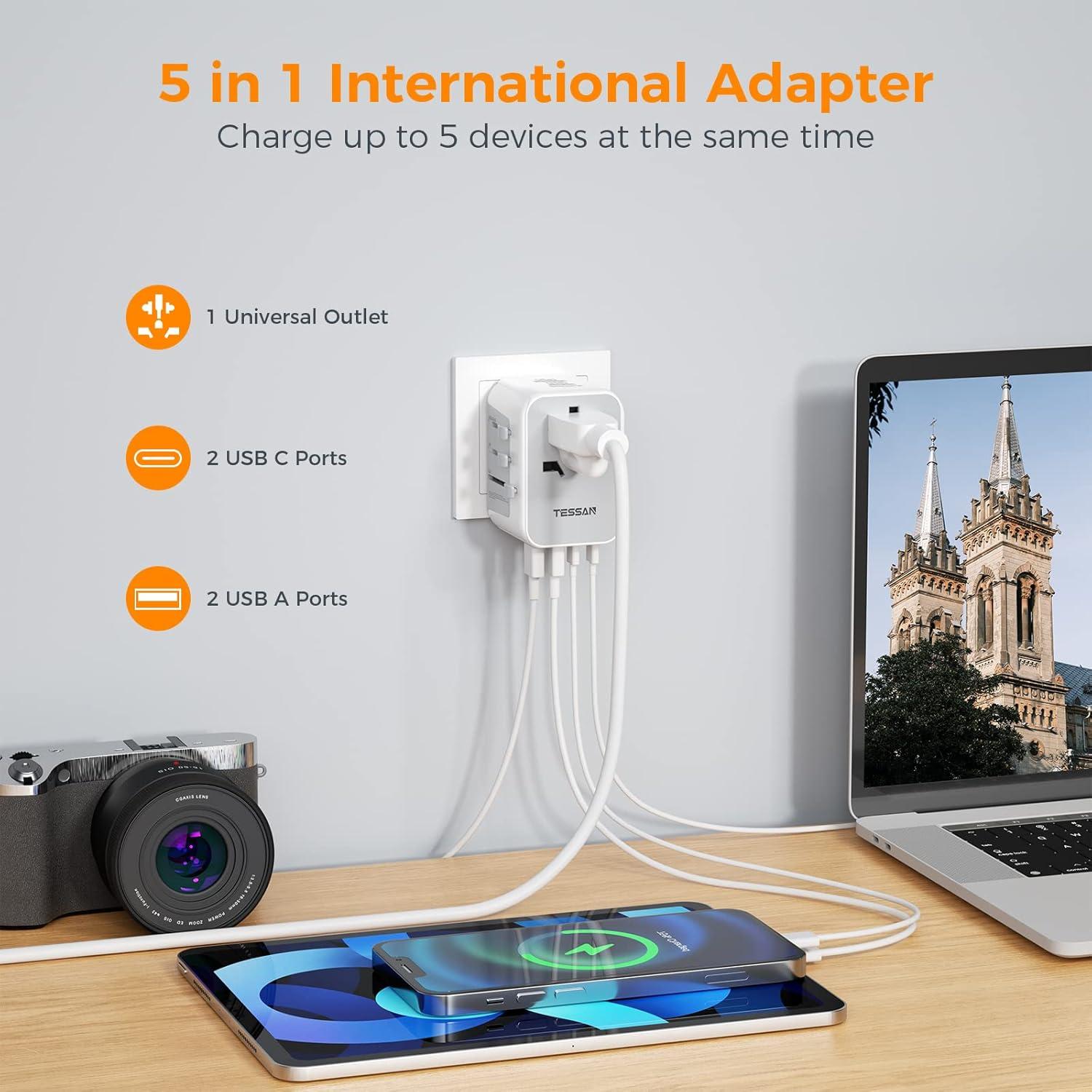 Adaptador de Viaje Universal TESSAN 5 en 1 USB C 3A