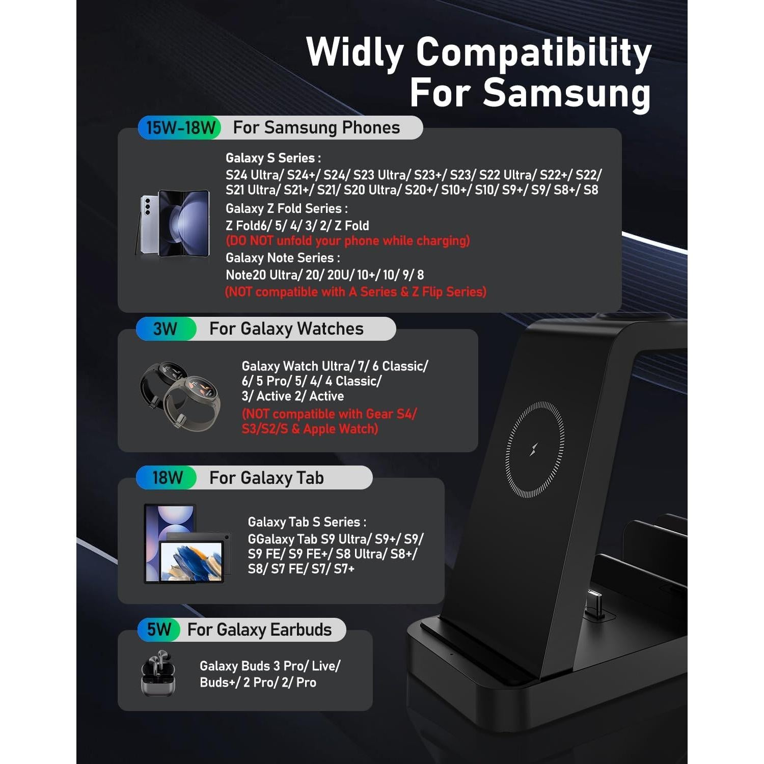 Cargador Inalámbrico 5 en 1 WHJ para Samsung Galaxy, Negro