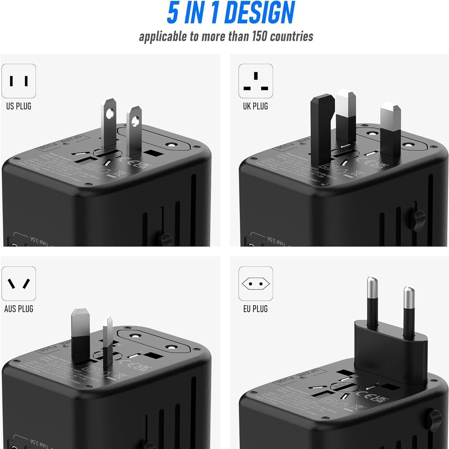 Adaptador de Enchufe Universal 5 en 1 Ouli 3.5A USB-C Negro