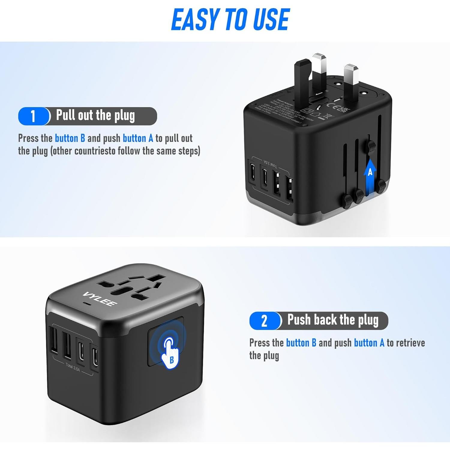 Adaptador de Enchufe Universal 5 en 1 Ouli 3.5A USB-C Negro