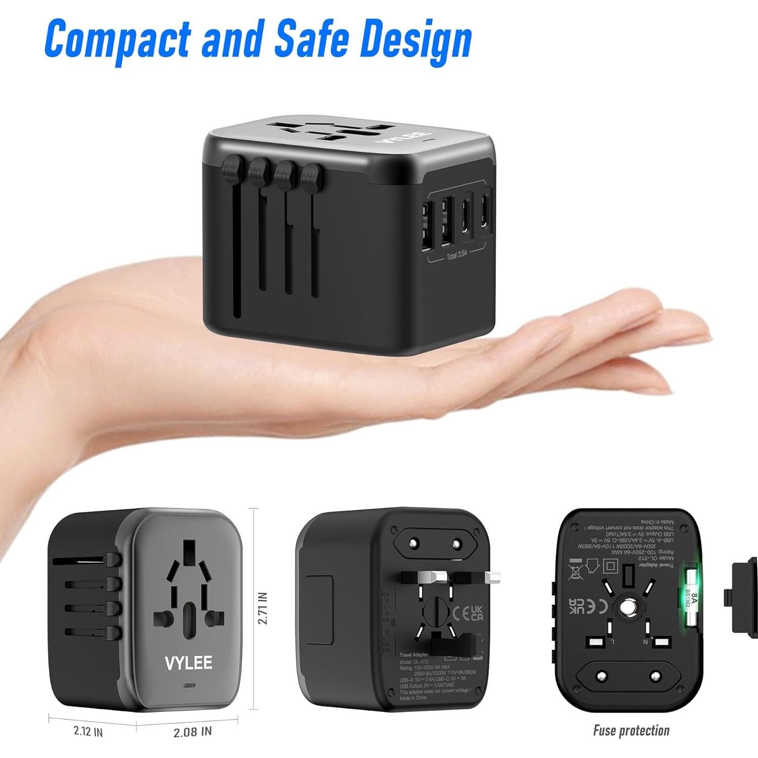 Adaptador de Enchufe Universal 5 en 1 Ouli 3.5A USB-C Negro