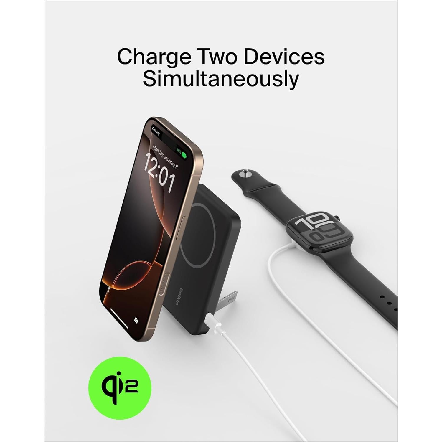 Cargador Inalámbrico Belkin 5,000mAh Qi2 con Soporte - Negro