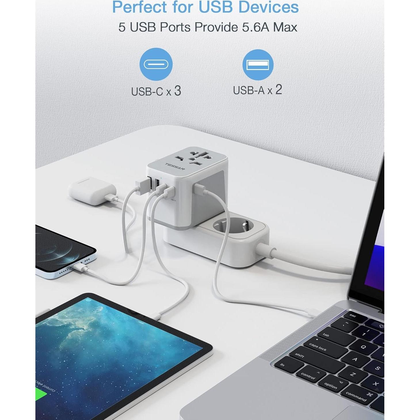 Adaptador de Viaje Universal TESSAN 5.6A 3 USB C 2 USB A