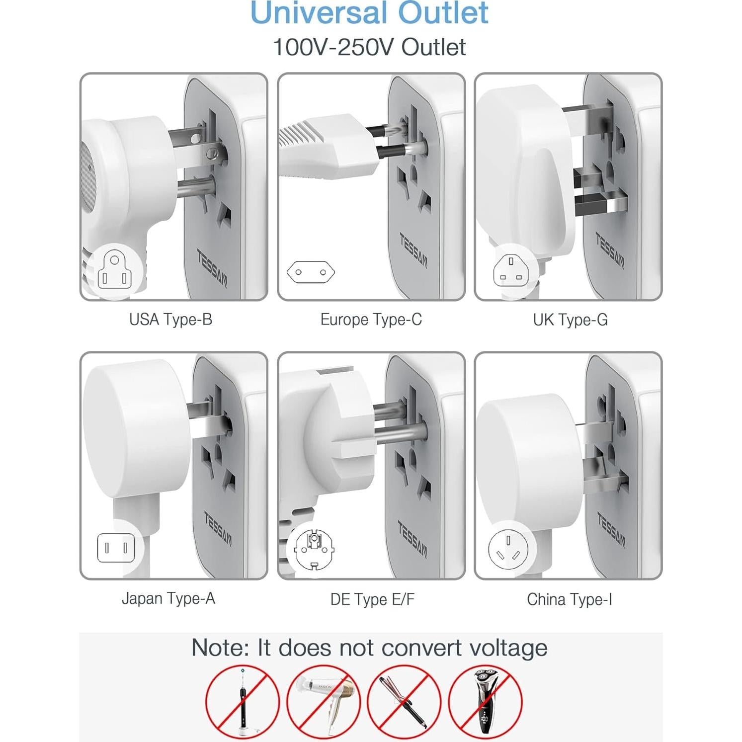 Adaptador de Viaje Universal TESSAN 5.6A 3 USB C 2 USB A