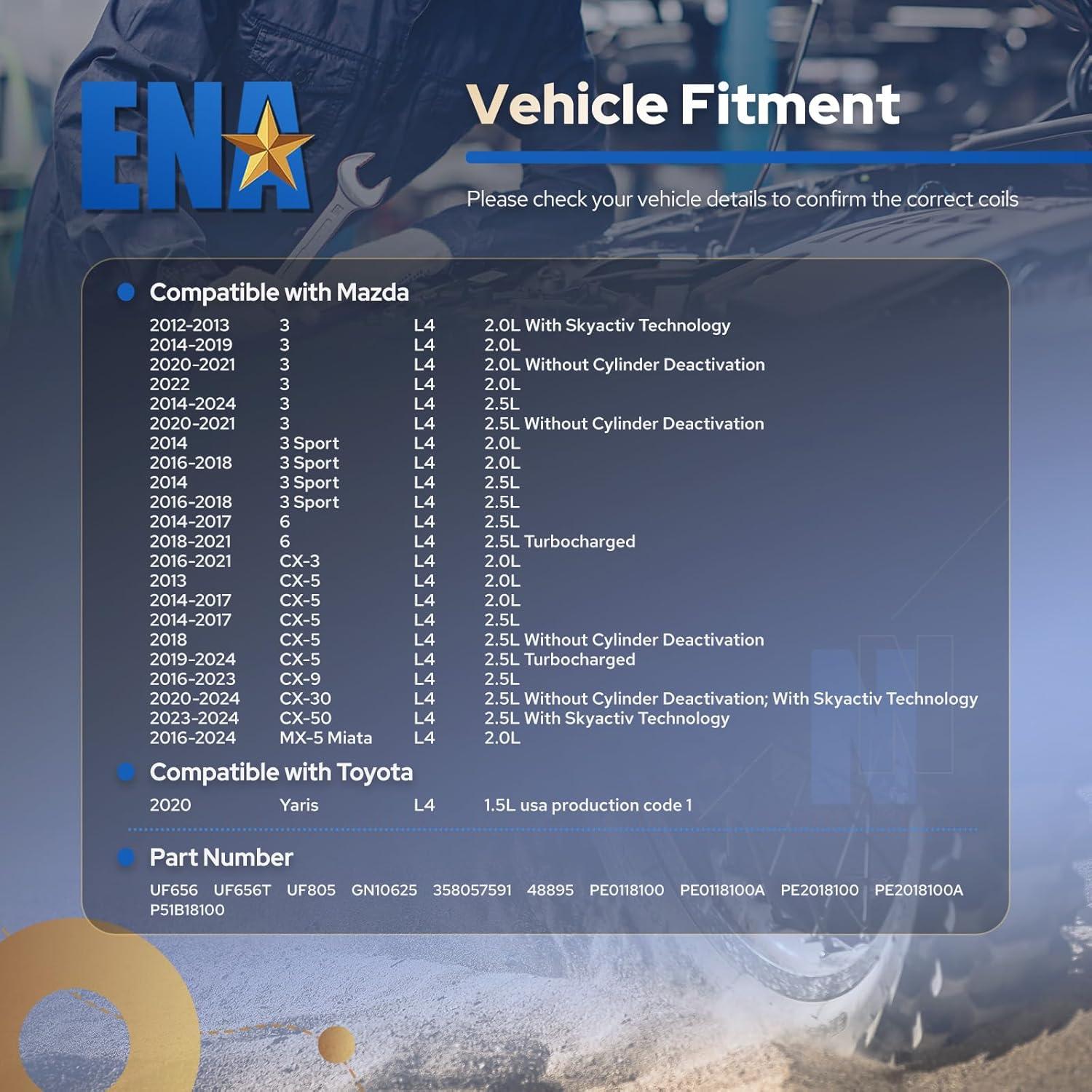 Bobinas de Encendido ENA UF656 Juego de 4 para Mazda 3 6 CX-3 CX-5