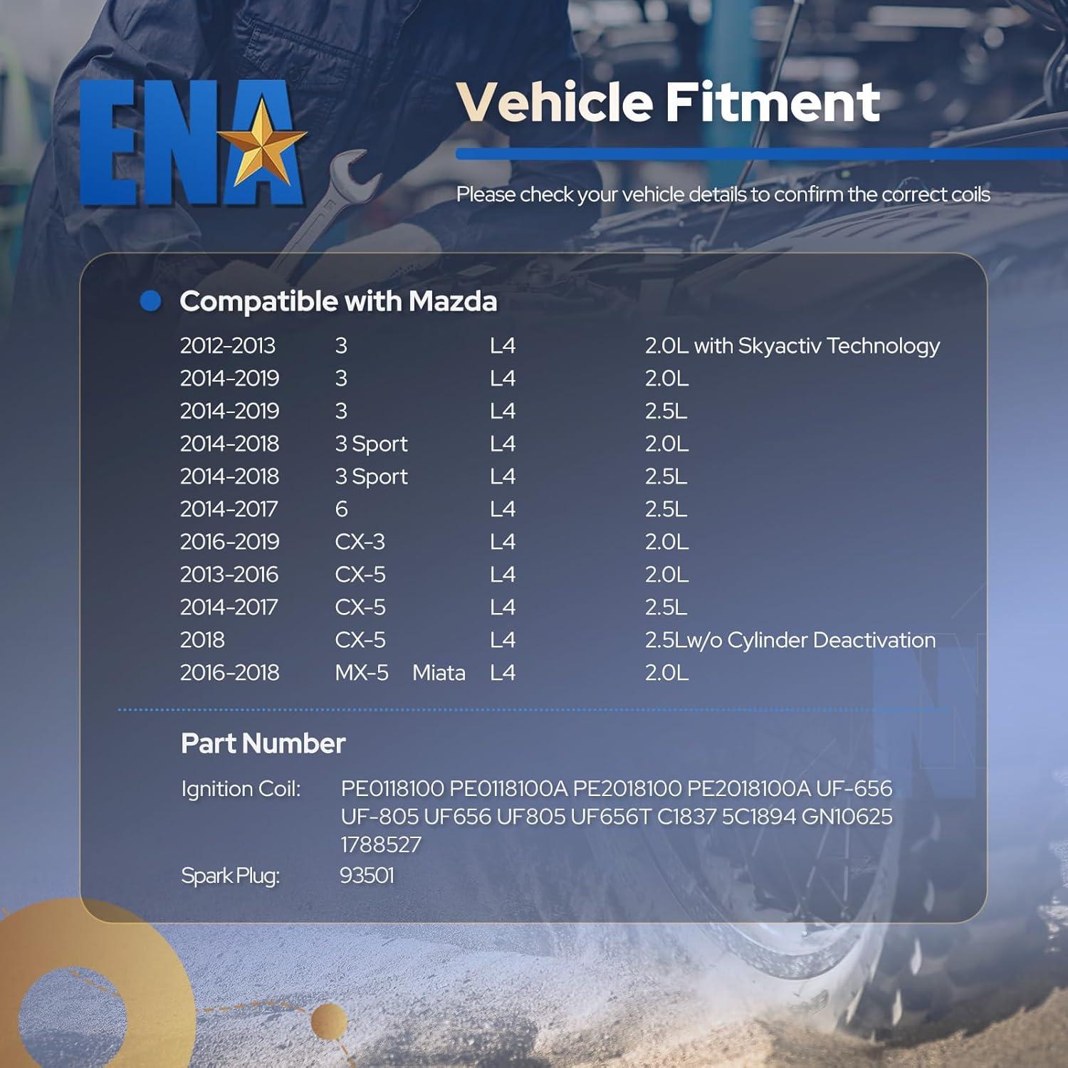 ENA Juego de 4 Bobinas de Encendido y 4 Bujías Iridio Mazda