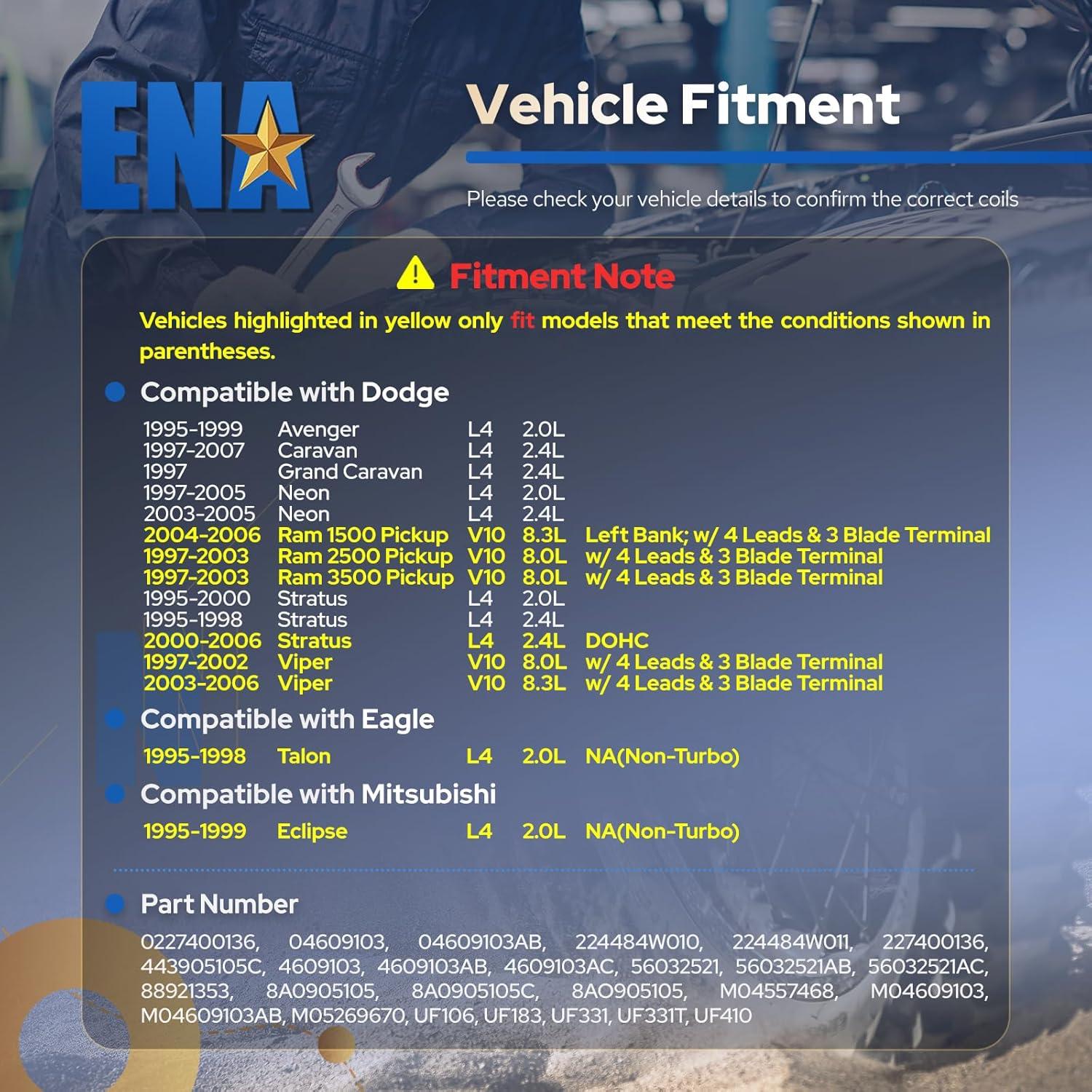 Pack de Bobinas de Encendido ENA para Chrysler Dodge Jeep 2.0L 2.4L