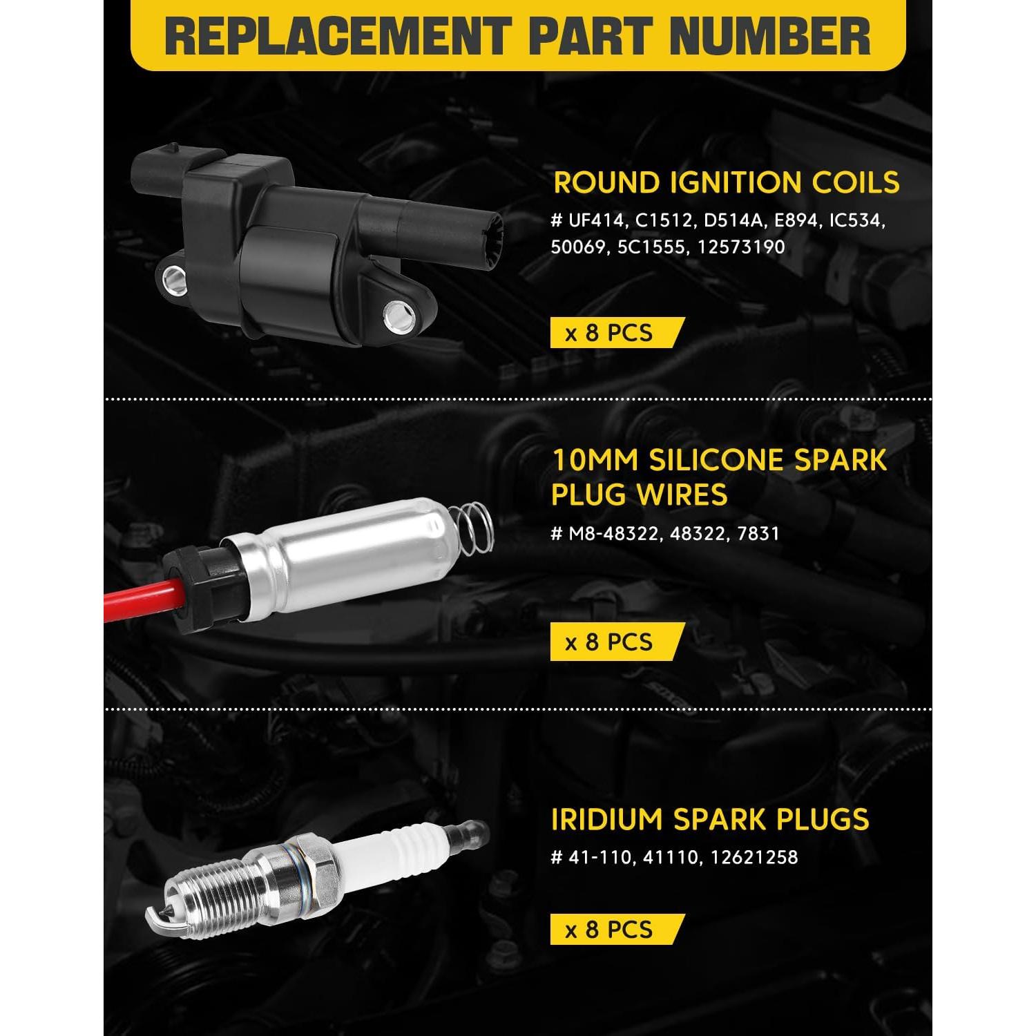 Juego de 8 Bobinas de Encendido Redondas YEHERIT UF414 con Cables y Bujías