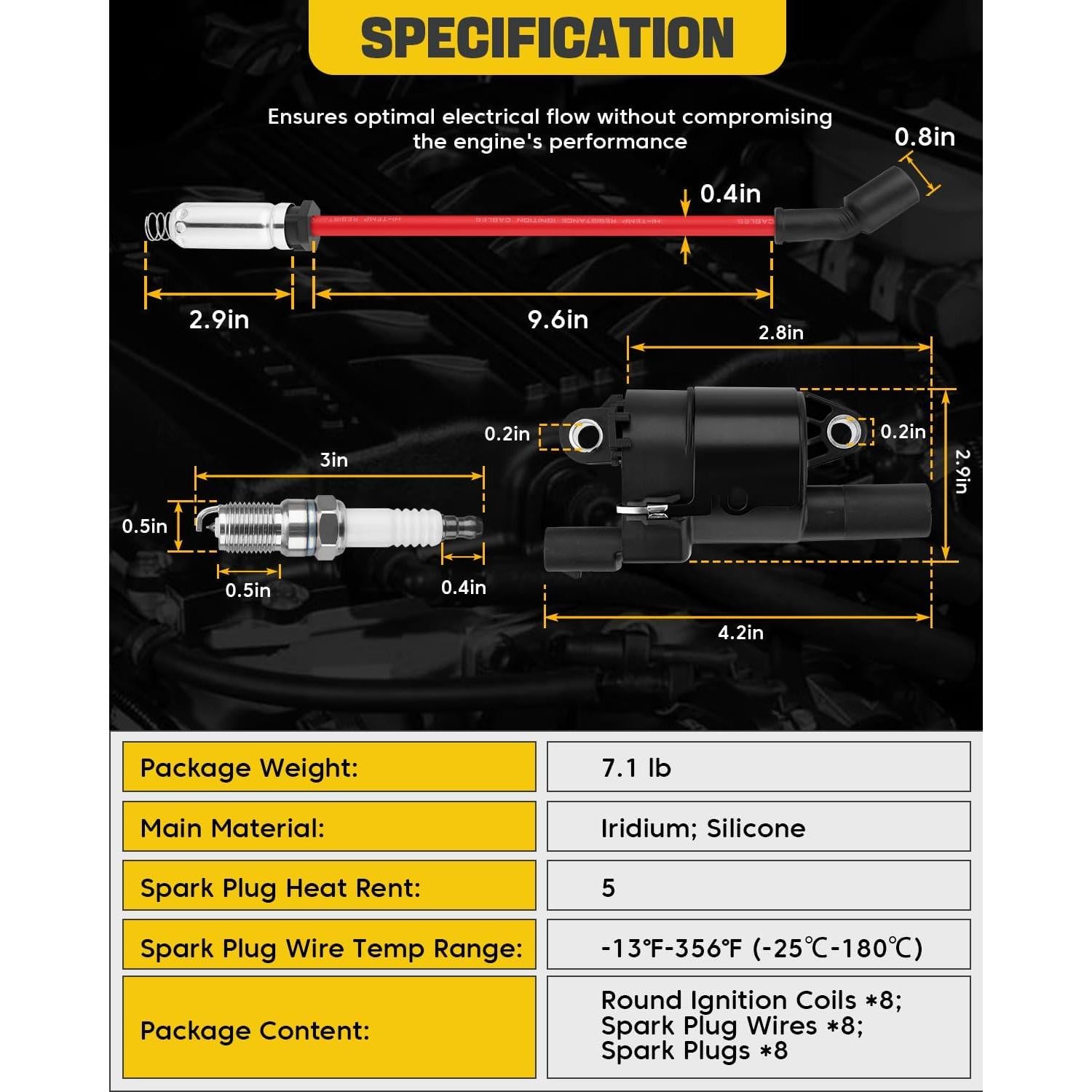 Juego de 8 Bobinas de Encendido Redondas YEHERIT UF414 con Cables y Bujías
