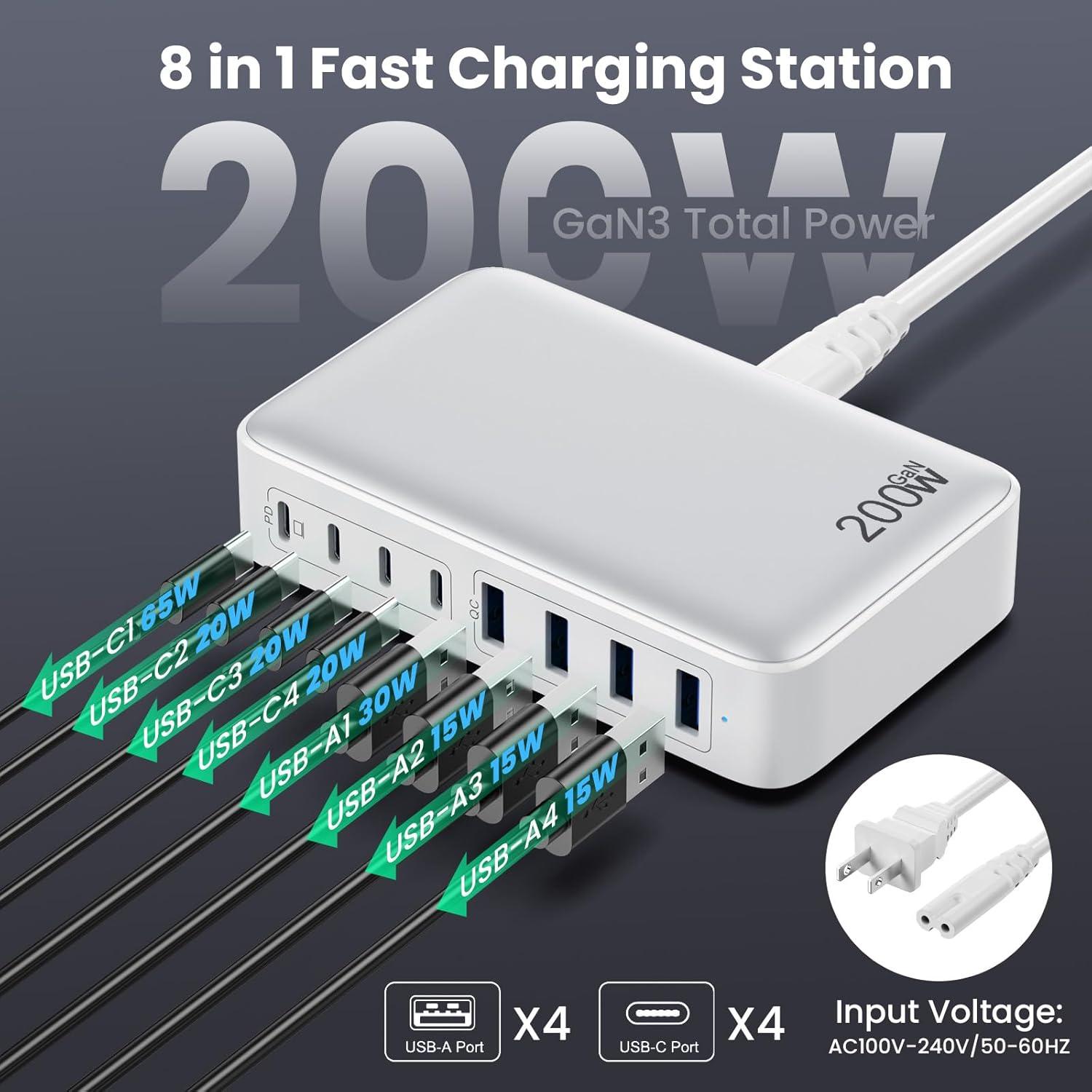 Cargador USB C 200W GKUTW 8 Puertos Carga Rápida