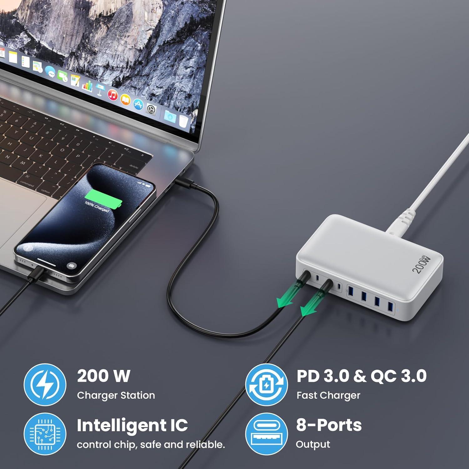 Cargador USB C 200W GKUTW 8 Puertos Carga Rápida