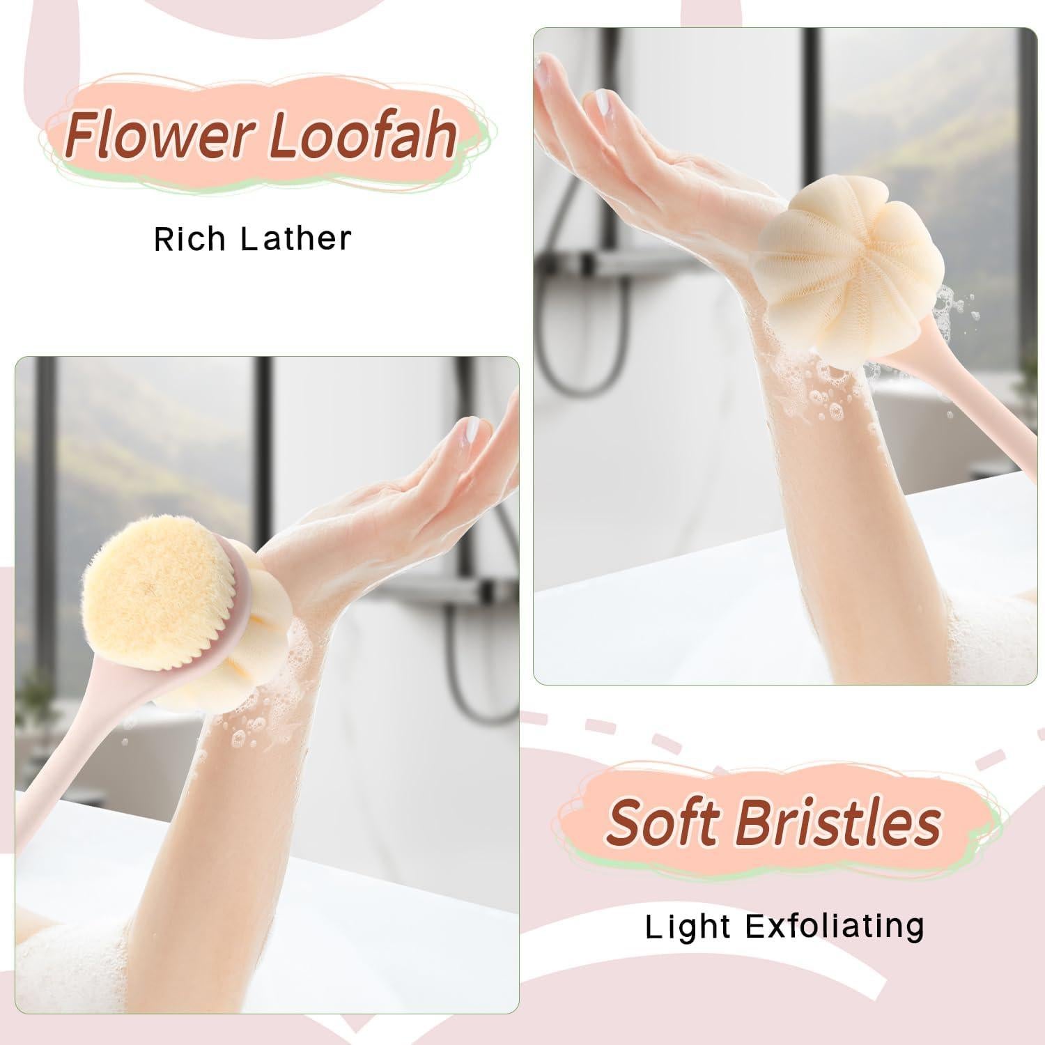 Cepillo de Ducha Doble Cara Nozefy con Mango Largo 39cm Rosa