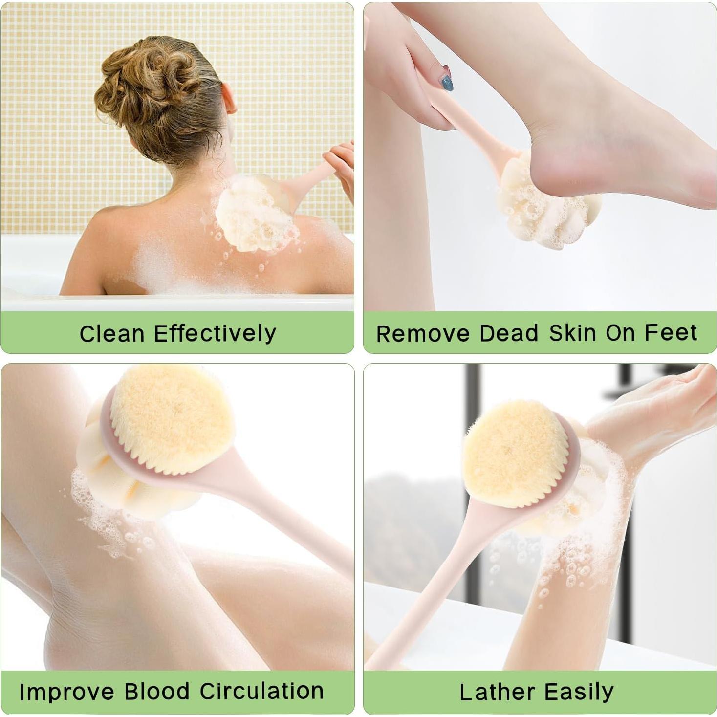 Cepillo de Ducha Doble Cara Nozefy con Mango Largo 39cm Rosa