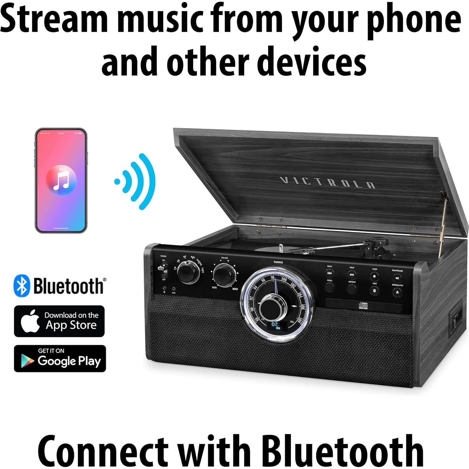 Victrola Centro Multimedia 6-en-1 Bluetooth Gris - Tocadiscos
