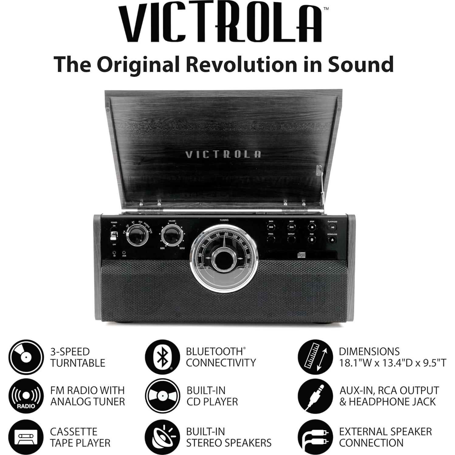 Victrola Centro Multimedia 6-en-1 Bluetooth Gris - Tocadiscos