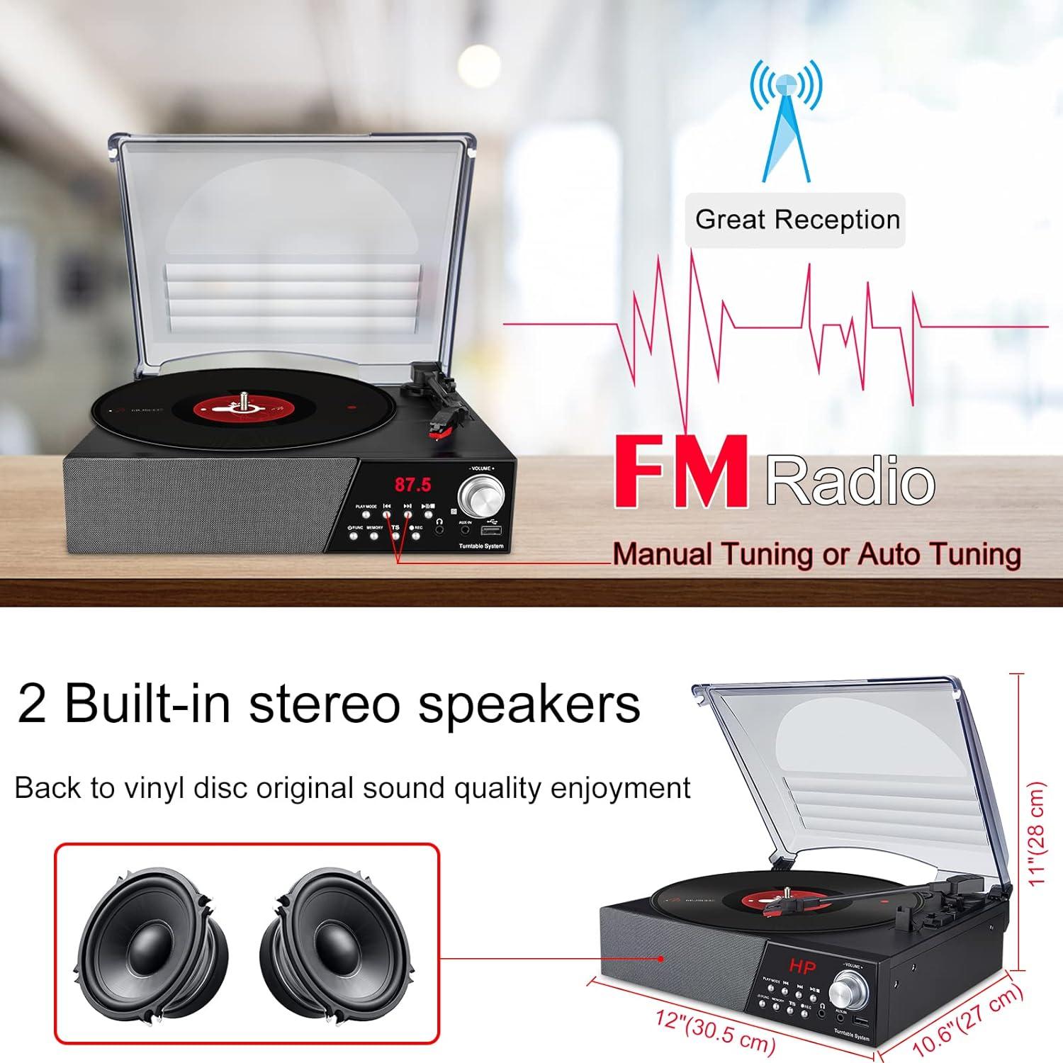 Reproductor de Vinilo HONGUT 3 Velocidades Bluetooth Negro