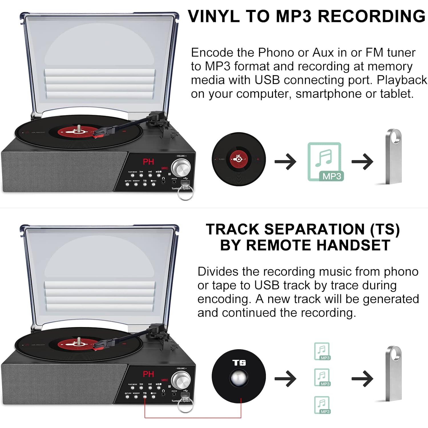 Reproductor de Vinilo HONGUT 3 Velocidades Bluetooth Negro