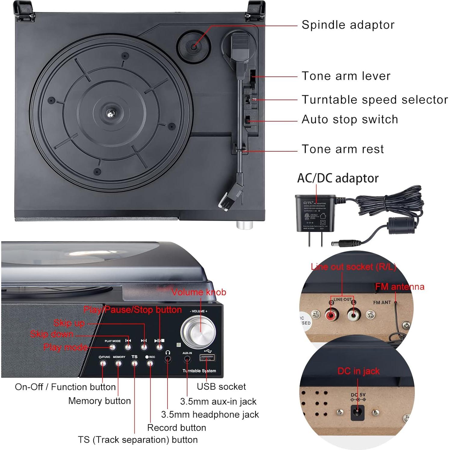 Reproductor de Vinilo HONGUT 3 Velocidades Bluetooth Negro