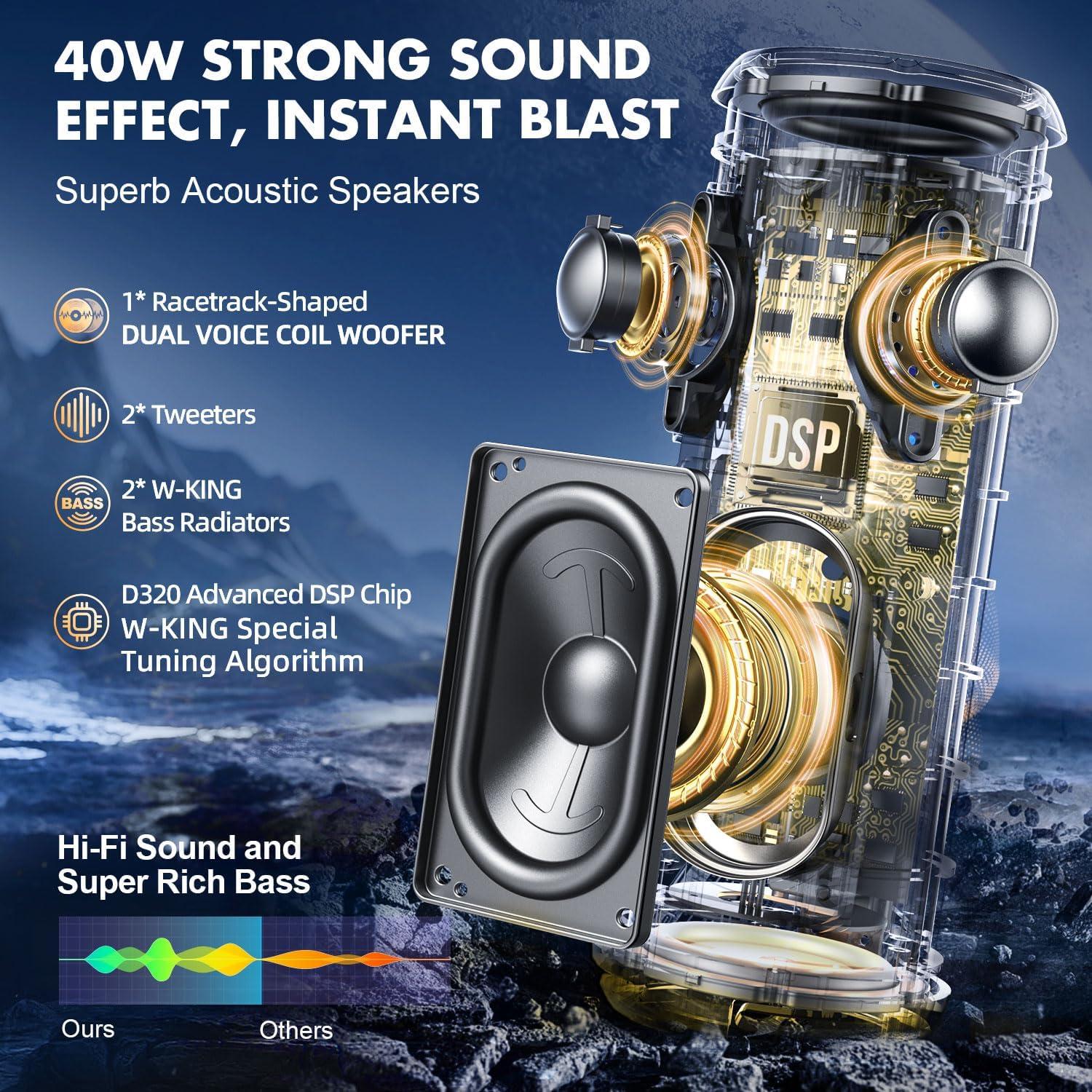 W-KING Bluetooth Speaker, IPX7 Waterproof Portable Speaker Bluetooth Wireless Loud with Dual Voice Coil, Customized EQ APP/Deep Bass, 40W 360° Sound Outdoor Shower Speaker, Party Lights/V5.3/TF/AUX