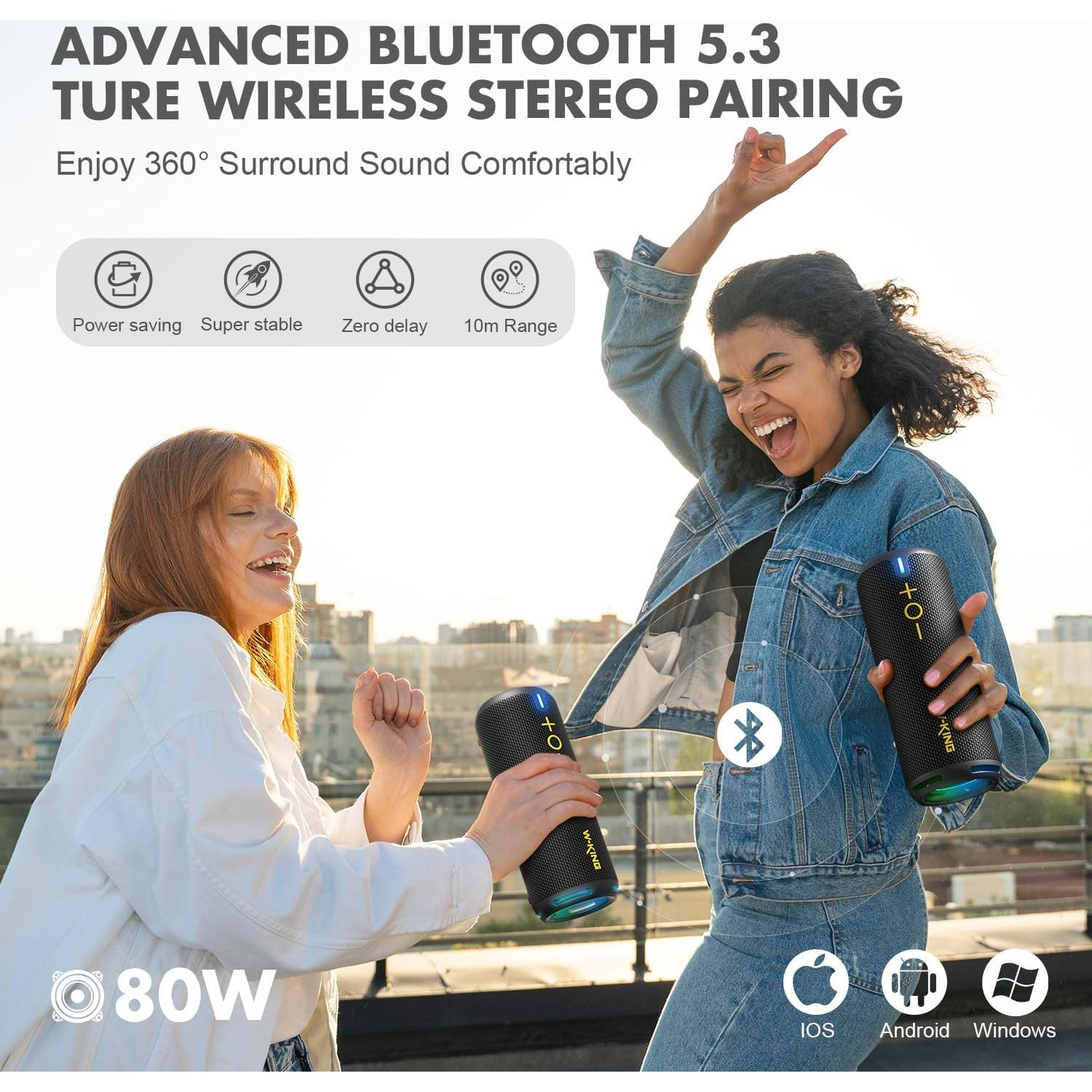 W-KING Bluetooth Speaker, IPX7 Waterproof Portable Speaker Bluetooth Wireless Loud with Dual Voice Coil, Customized EQ APP/Deep Bass, 40W 360° Sound Outdoor Shower Speaker, Party Lights/V5.3/TF/AUX