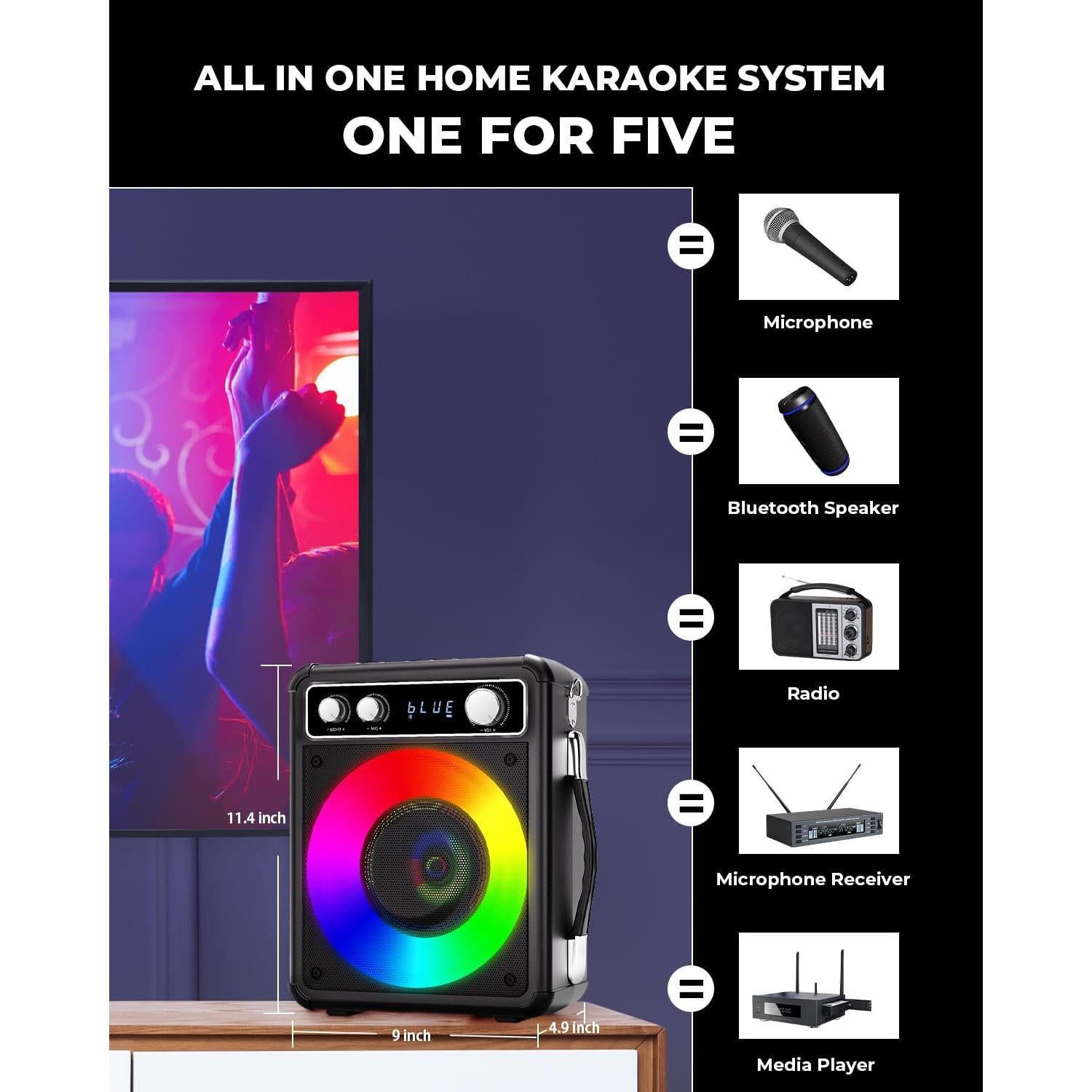 Máquina de Karaoke VOSOCO T-03 con 2 Micrófonos y Luces LED