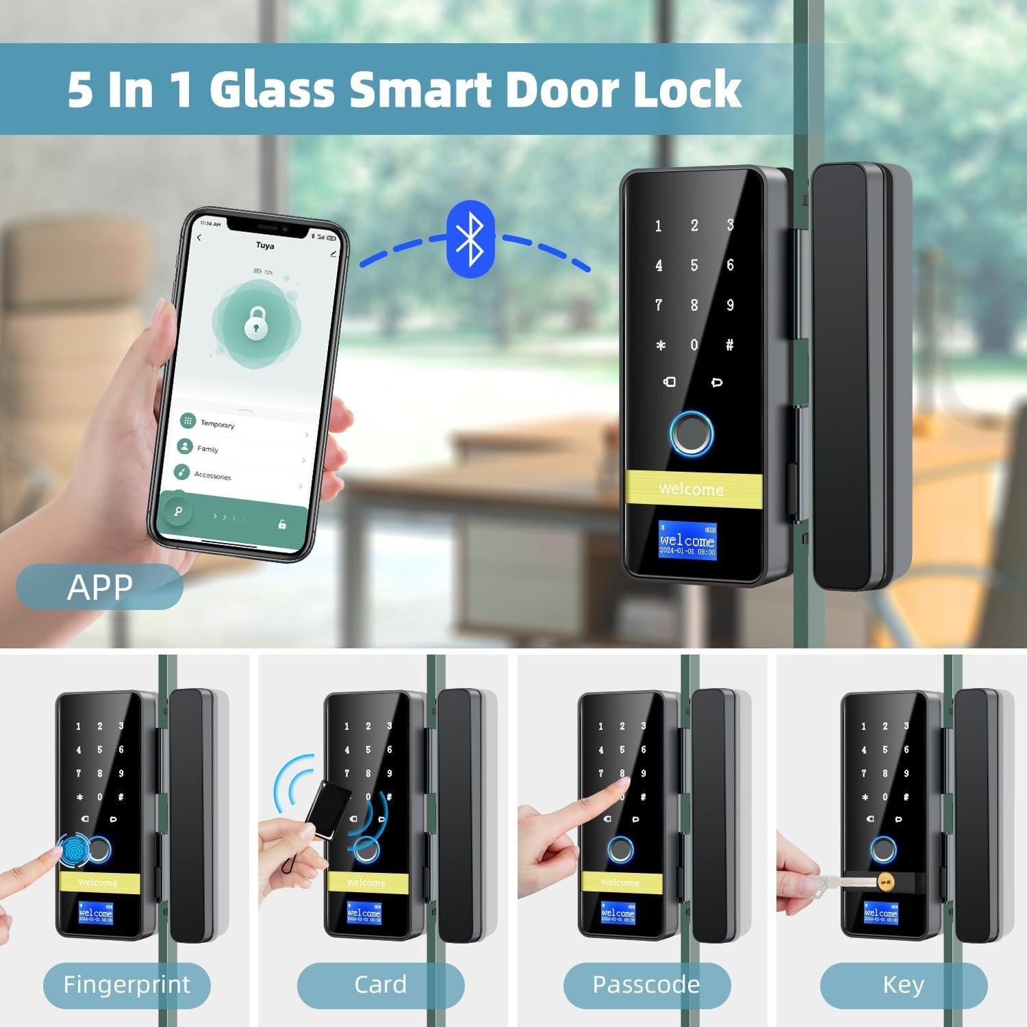 Cerradura de Vidrio Inteligente MSR605 8 en 1 con Huella