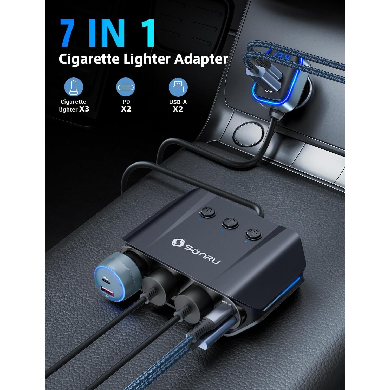 Divisor de Encendedor de Cigarrillos SONRU 180W 3 Tomas USB Carga Rápida