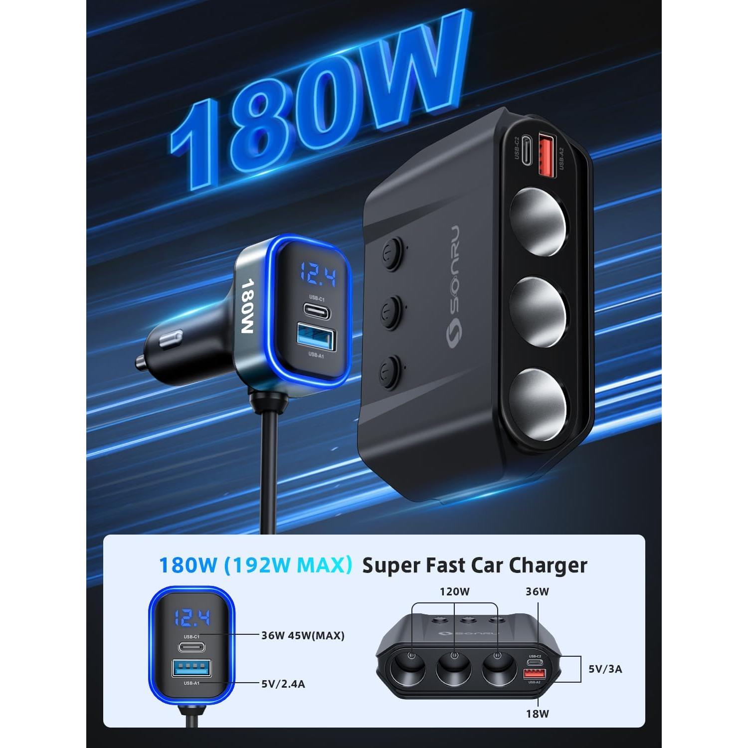 Divisor de Encendedor de Cigarrillos SONRU 180W 3 Tomas USB Carga Rápida