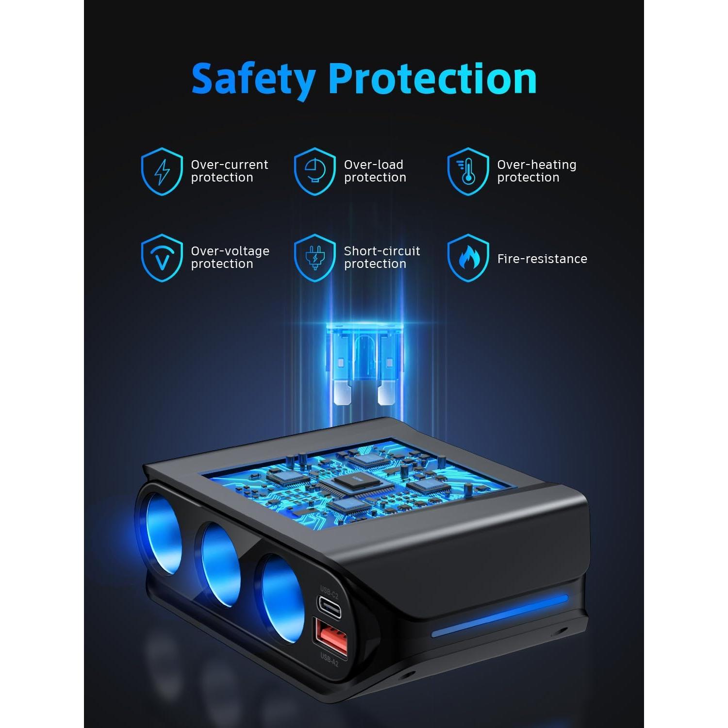 Divisor de Encendedor de Cigarrillos SONRU 180W 3 Tomas USB Carga Rápida