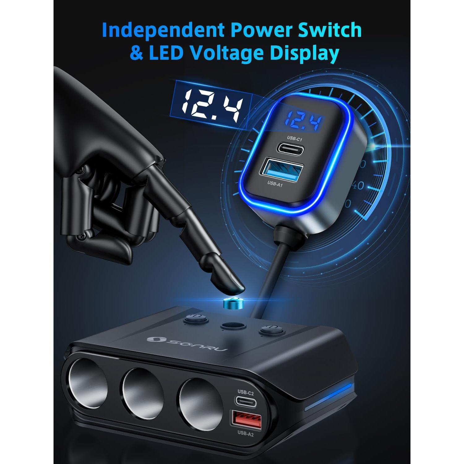 Divisor de Encendedor de Cigarrillos SONRU 180W 3 Tomas USB Carga Rápida