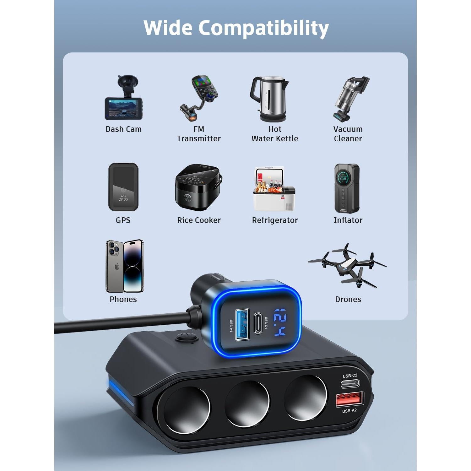 Divisor de Encendedor de Cigarrillos SONRU 180W 3 Tomas USB Carga Rápida